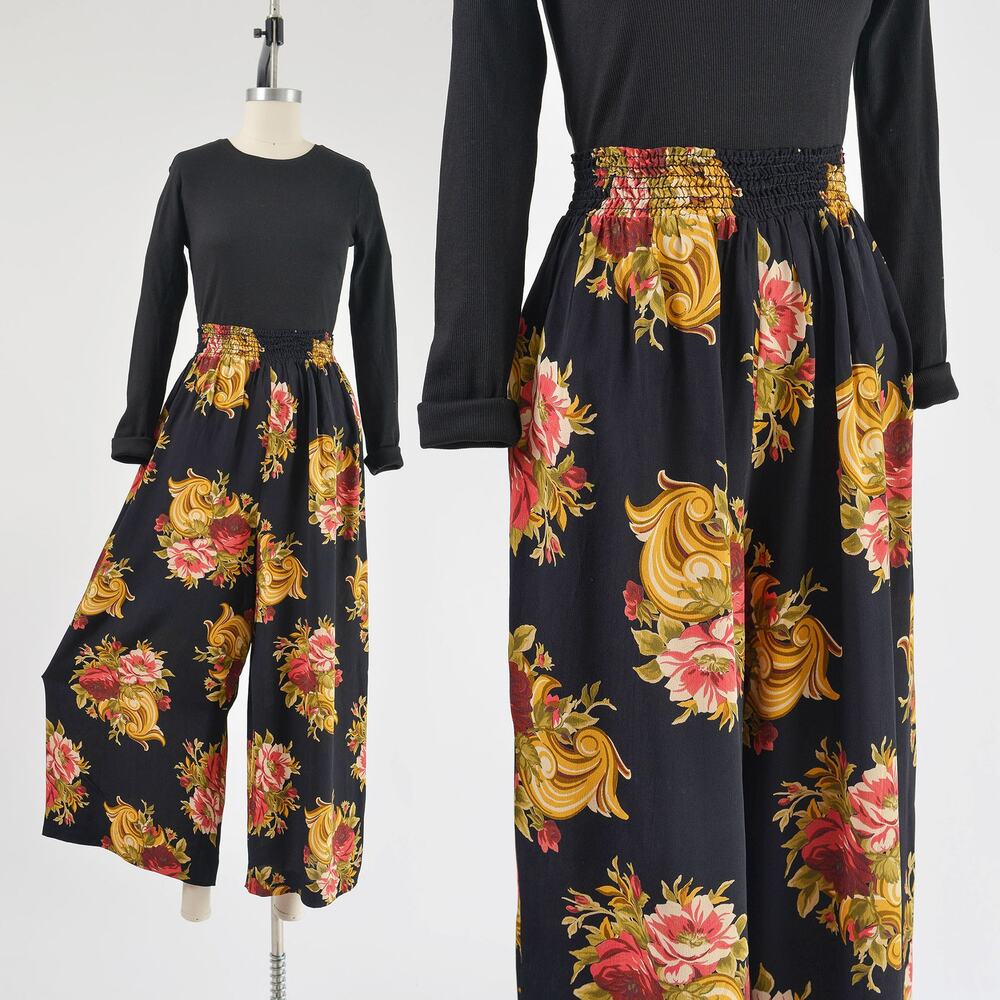 Vintage 90s Floral Rayon Palazzo Pants Smocked Waist Wide Leg Boho Small